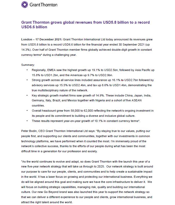 Grant Thornton grows global revenues from USD5.8 billion to a record USD6.6 billion Kevane