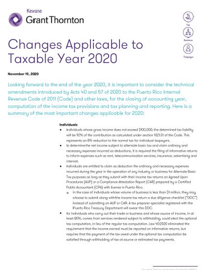 Changes Applicable to Taxable Year 2020