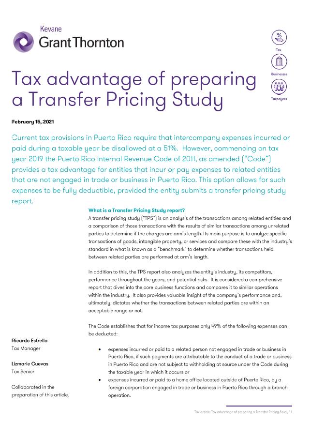 Tax advantage of preparing a Transfer Pricing Study