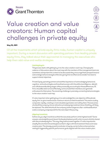 Value creation and value creators: Human capital challenges in private equity