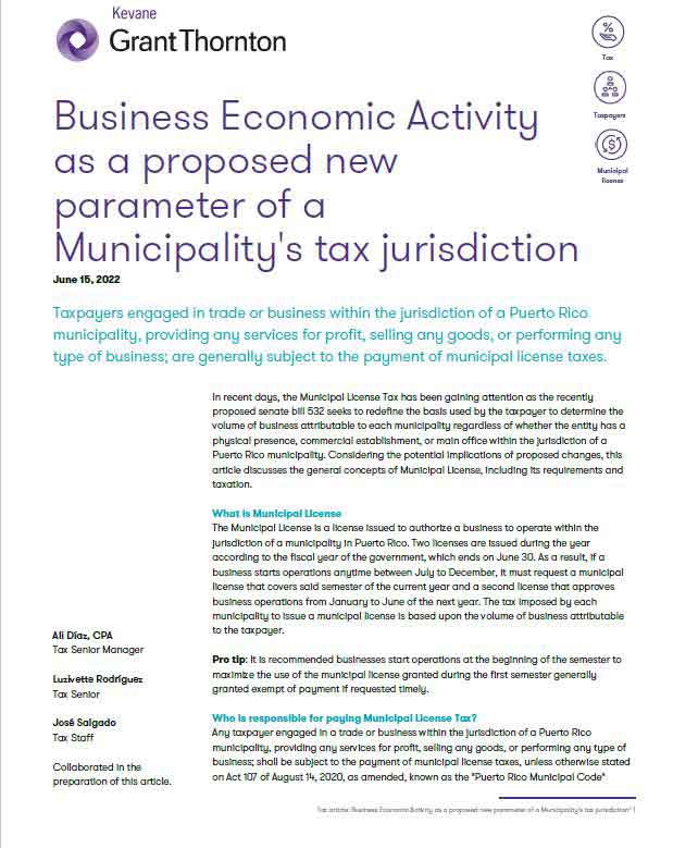 Business Economic Activity as a proposed new parameter of a Municipality's tax jurisdiction